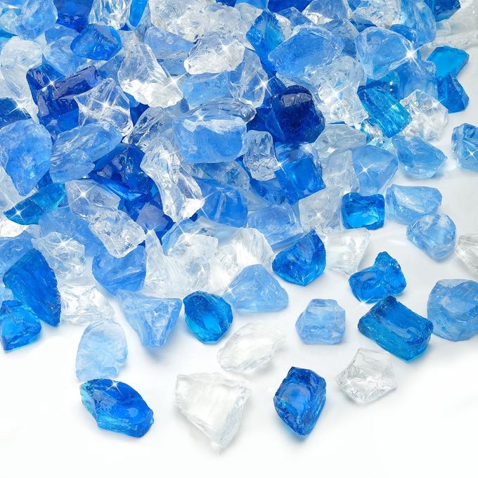 Mr Fireglass Crushed Fire Glass for Natural or Propane Fire Pit 10 Pounds Decorative Recycled Fireplace Glass Rocks for Fire Pit Fireplace and Landscaping High Luster Sea Blue and Ice Clear