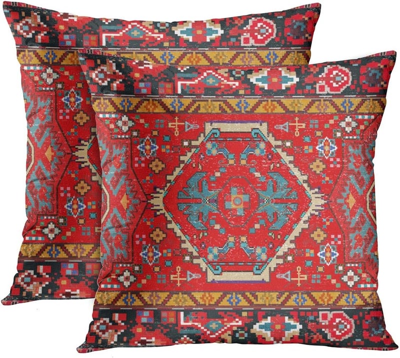 Britimes Throw Pillow Covers, Aztec Kilim Home Art Decor, 20 x 20 Inches Set of 2 Cushion Couch Sofa Cases, Abstract Oil Painting Pillowcases for Bedroom, Living Room, Ethnic Decorative, Red Tribal - Image 1