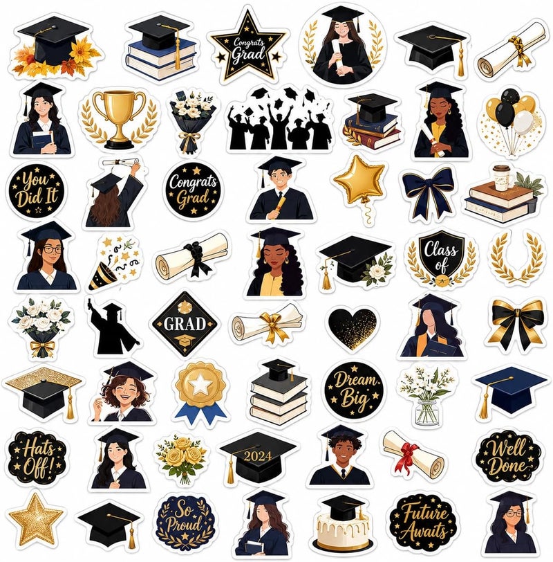50 PCS Graduation Stickers – Waterproof Vinyl Decals for Water Bottles, Laptops, Phones, Notebooks & Graduation Party Decorations - Image 1
