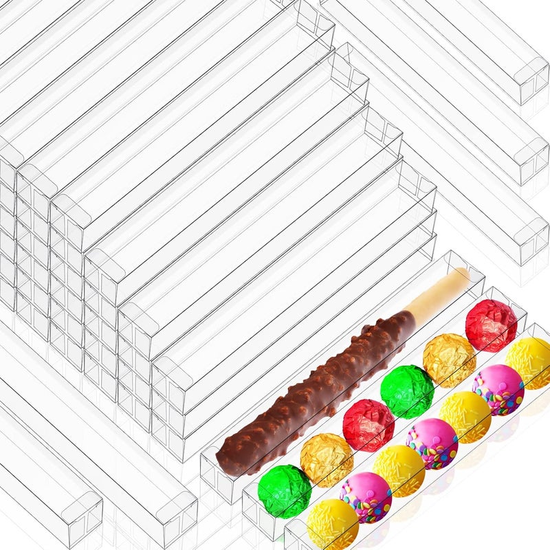 Qunclay 40 Pieces Pretzels Rods Boxes Clear Gift Lid Packaging Boxes Plastic Favor Chocolate Covered Pretzels Gumballs 1 x 1 x 8 Inch for Wedding Baby Shower Christmas Party Cookie Treats - Image 1