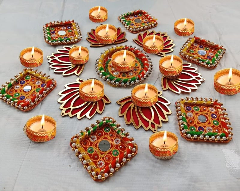 PREETENCY Handmade Set of 26 Pink Lotus Chudi Diya Rangoli Candles with Wax with Multi Color Rings for Diwali Ganesh Chaturthi Laxmi Pooja Home Temple Rangoli Diya Floor Decoration muli Color - Image 1
