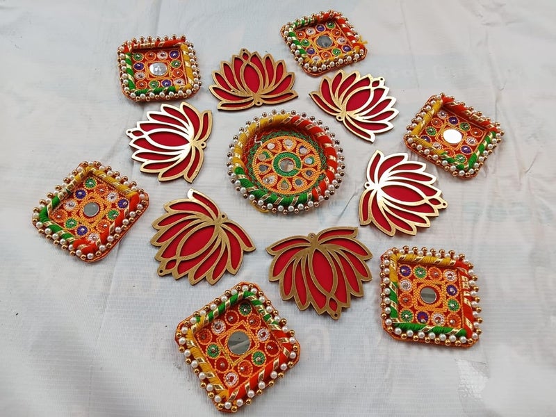 PREETENCY Handmade Set of 26 Pink Lotus Chudi Diya Rangoli Candles with Wax with Multi Color Rings for Diwali Ganesh Chaturthi Laxmi Pooja Home Temple Rangoli Diya Floor Decoration muli Color - Image 3