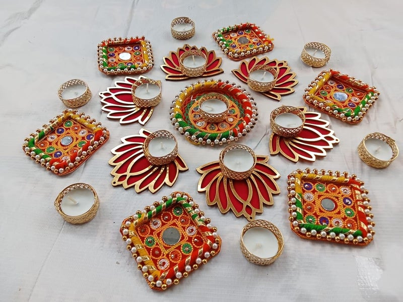 PREETENCY Handmade Set of 26 Pink Lotus Chudi Diya Rangoli Candles with Wax with Multi Color Rings for Diwali Ganesh Chaturthi Laxmi Pooja Home Temple Rangoli Diya Floor Decoration muli Color - Image 2