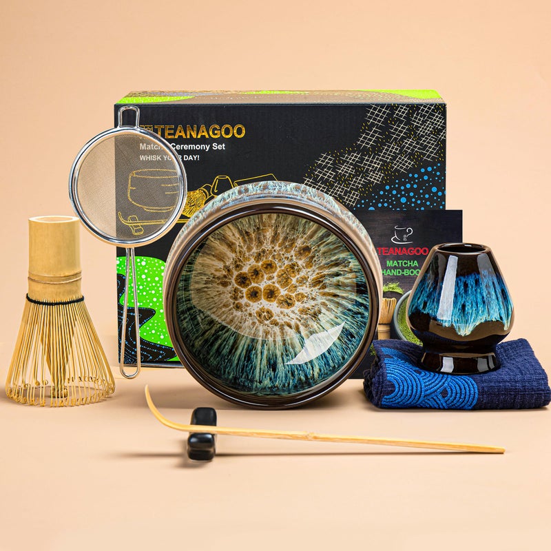 TEANAGOO Matcha Whisk Set 7 Pcs Matcha Set with HolderScoopSifter Matcha Kit for Ceremony Matcha Tea Set for Making BreakfastLatte Matcha Whisk Set and Ceramic Bowl Gift for FriendFamily