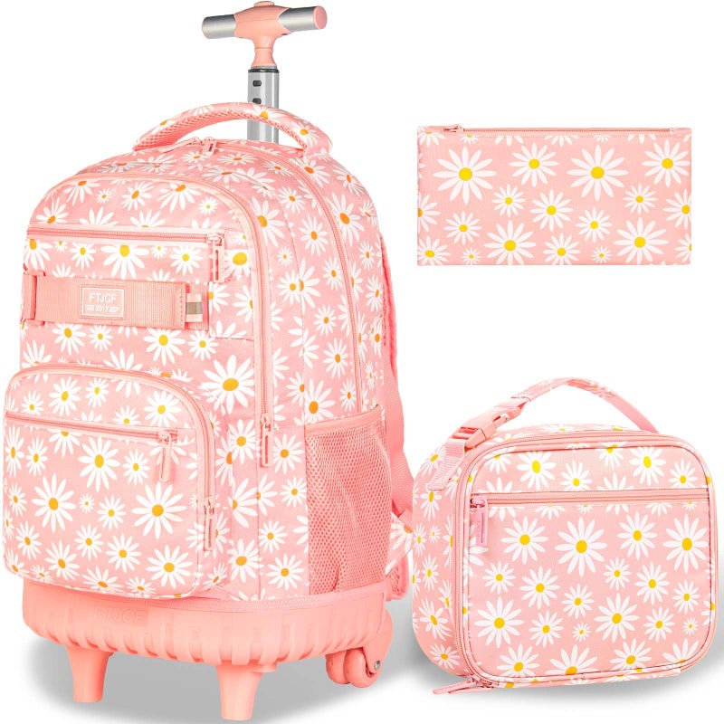 Girls Rolling Backpack Women Roller Bookbag with Lunch Box for Adults Water Resistant Wheeled School Bag for College Teens Kids Travel Pink Flower