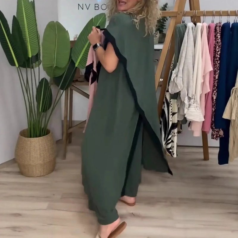 Plus Size Loose Long Dress Set with Color Block Patchwork - Image 2