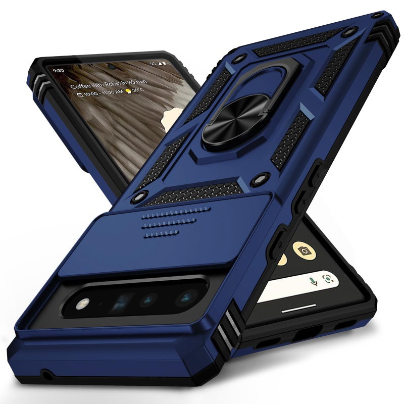 Vinve for Google Pixel 6 Pro Case with Slide Lens Cover, Military Grade Drop Protection, Magnetic Rotated Ring Holder Kickstand Protective Phone Case (Navy Blue) - Image 1
