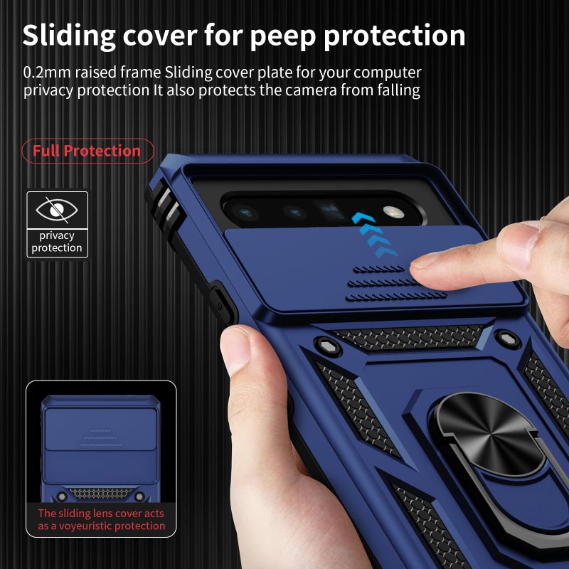 Vinve for Google Pixel 6 Pro Case with Slide Lens Cover, Military Grade Drop Protection, Magnetic Rotated Ring Holder Kickstand Protective Phone Case (Navy Blue) - Image 4