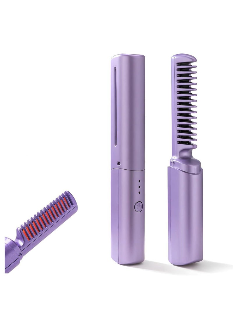 ELTRAZONE Mini Hair Straightener, Rechargeable Hair Straightener Brush, Portable Straightening Brush with Anti-Static Negative Ion, Hot Comb Hair Straightener for Women, for All Hair Types (Purple) - Image 1