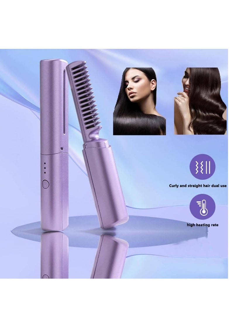 ELTRAZONE Mini Hair Straightener, Rechargeable Hair Straightener Brush, Portable Straightening Brush with Anti-Static Negative Ion, Hot Comb Hair Straightener for Women, for All Hair Types (Purple) - Image 2