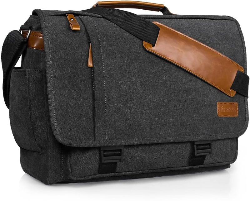 ESTARER Messenger Bag 17-17.3 Inch, Men's Computer Satchel Water-resistant Canvas, Teacher Laptop Briefcase for Work Office College, Dark Grey - Image 1