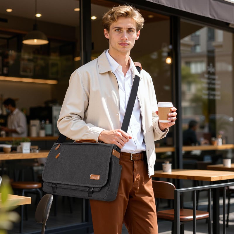 ESTARER Messenger Bag 17-17.3 Inch, Men's Computer Satchel Water-resistant Canvas, Teacher Laptop Briefcase for Work Office College, Dark Grey - Image 3