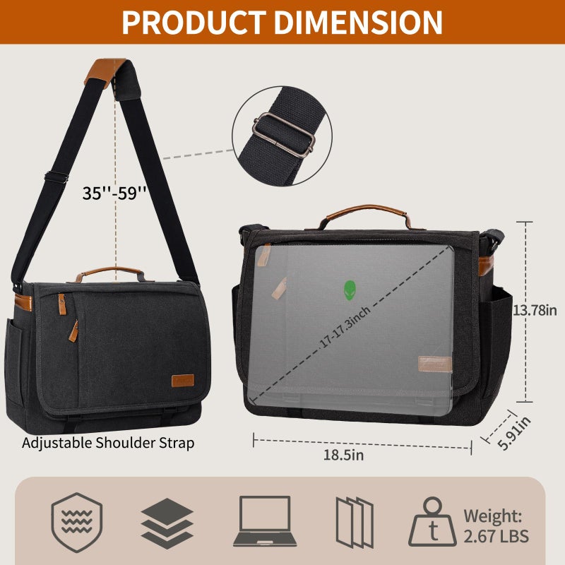 ESTARER Messenger Bag 17-17.3 Inch, Men's Computer Satchel Water-resistant Canvas, Teacher Laptop Briefcase for Work Office College, Dark Grey - Image 5