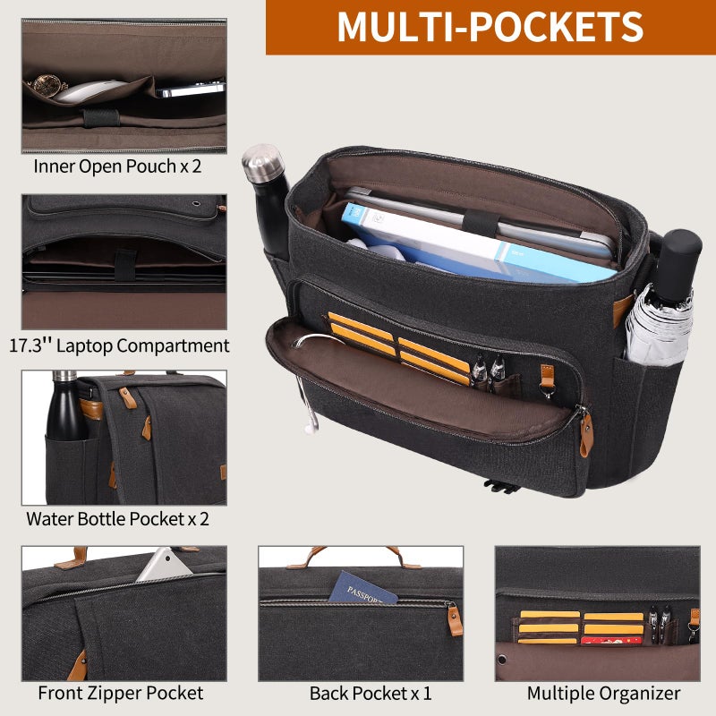 ESTARER Messenger Bag 17-17.3 Inch, Men's Computer Satchel Water-resistant Canvas, Teacher Laptop Briefcase for Work Office College, Dark Grey - Image 4
