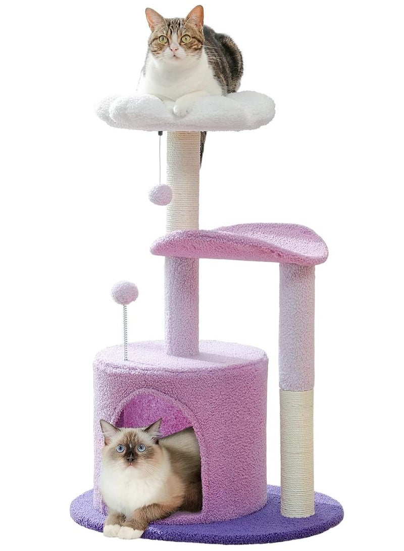 اليسا شجرة قطط بارتفاع 84 سم، برج قطط على شكل زهرة أرجوانية، مع عمود خدش مغطى بنبات السيزال، وشقة مريحة، ومجثمات فخمة وكرات ناعمة للقطط الداخلية - Image 1