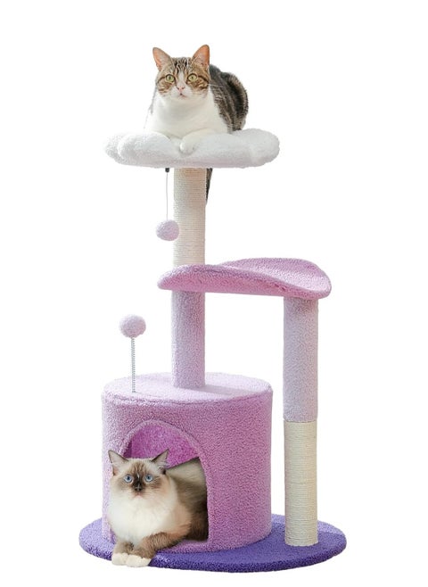 Cat Tree 84cm Purple Flower Cat Tower with Sisal Covered Scratching Post, Cozy Condo, Plush Perches and Fluffy Balls for Indoor Cats