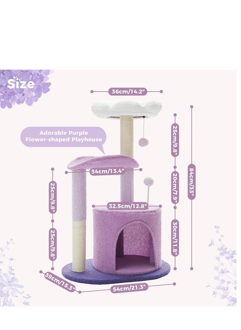 Alissa - Cat Tree 84cm Purple Flower Cat Tower with Sisal Covered Scratching Post, Cozy Condo, Plush Perches and Fluffy Balls for Indoor Cats - Image 1