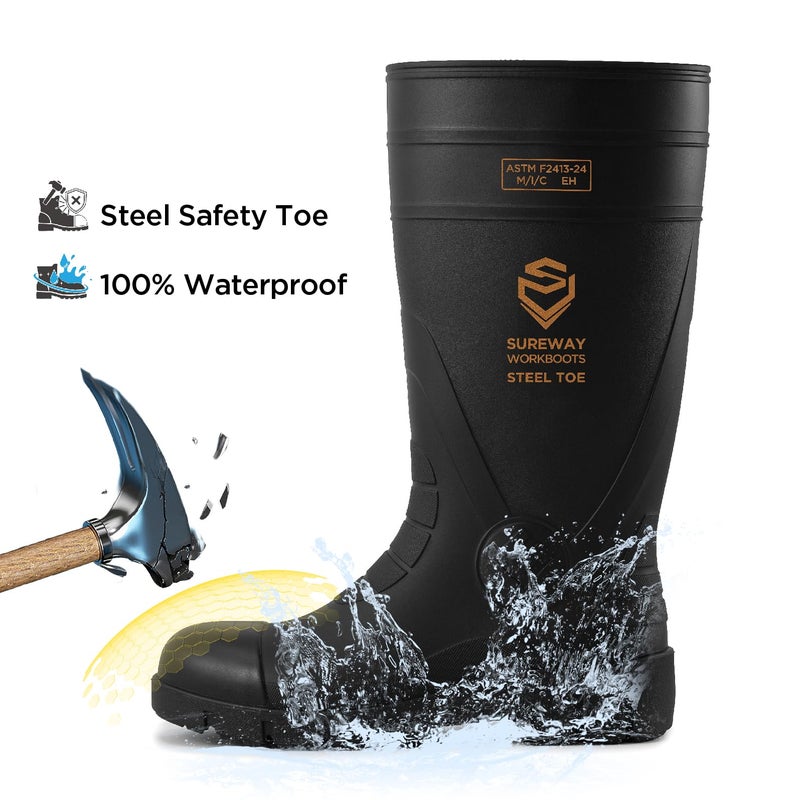 SUREWAY Steel Toe Rain Boots for Men, Knee High Waterproof PVC Work Boots with Slip & Oil Resistant Outsole for Industrial, Construction, Agriculture Black - Image 4