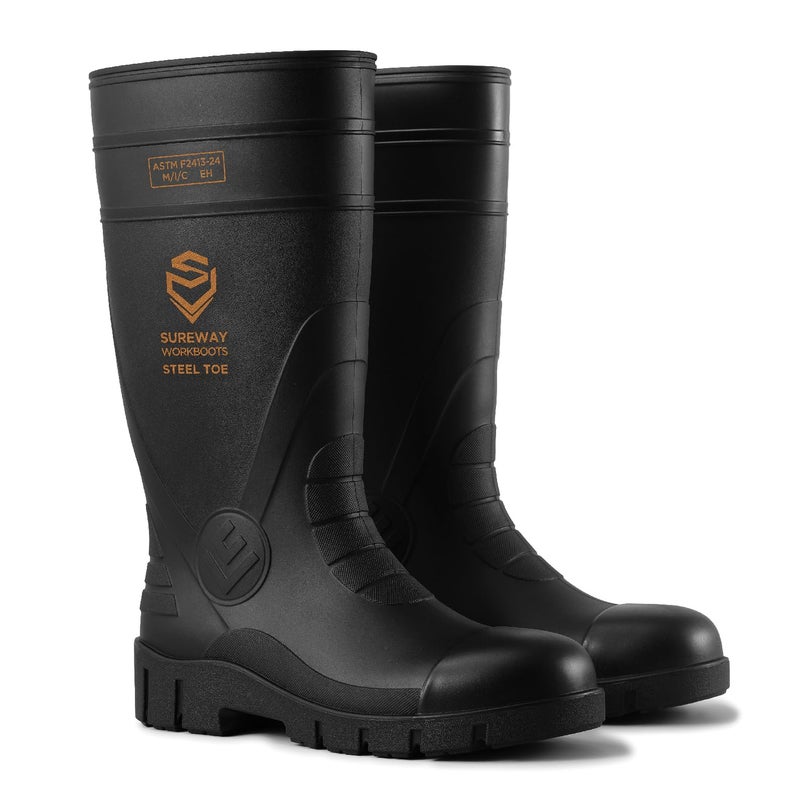 SUREWAY Steel Toe Rain Boots for Men, Knee High Waterproof PVC Work Boots with Slip & Oil Resistant Outsole for Industrial, Construction, Agriculture Black - Image 1
