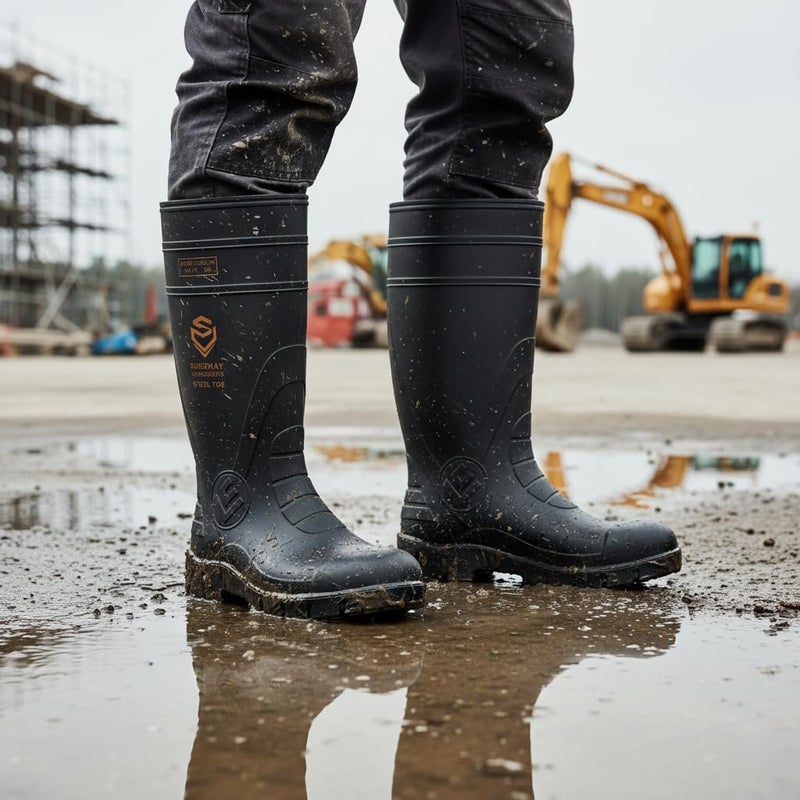 SUREWAY Steel Toe Rain Boots for Men, Knee High Waterproof PVC Work Boots with Slip & Oil Resistant Outsole for Industrial, Construction, Agriculture Black - Image 2