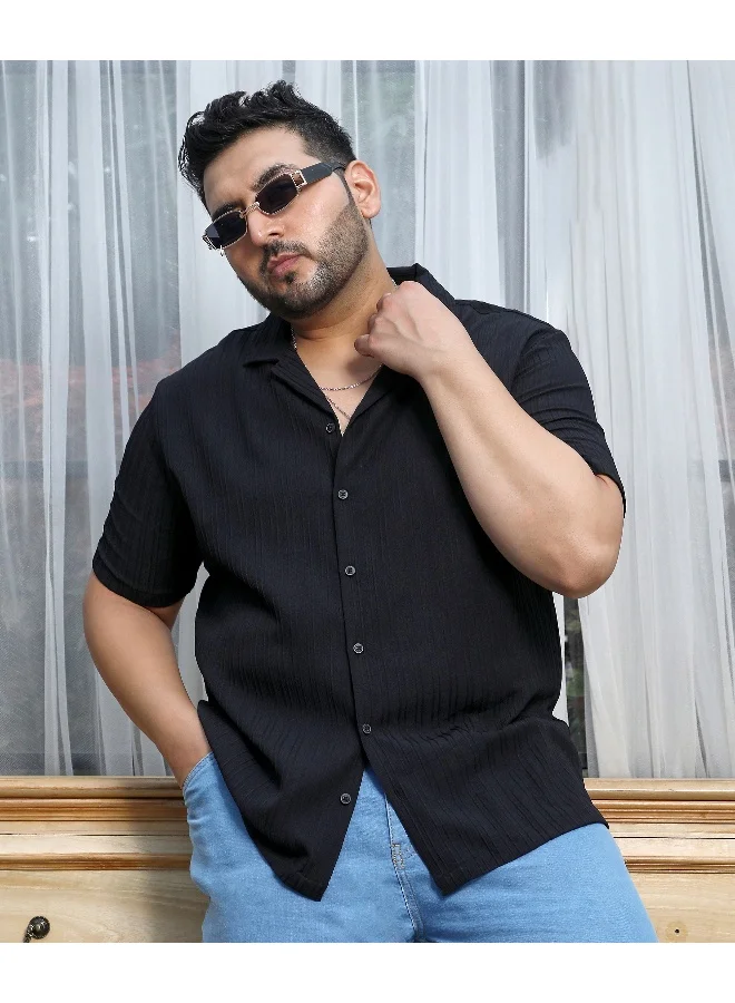 Instafab Plus Men's Charcoal Black Self-Design Striped Shirt