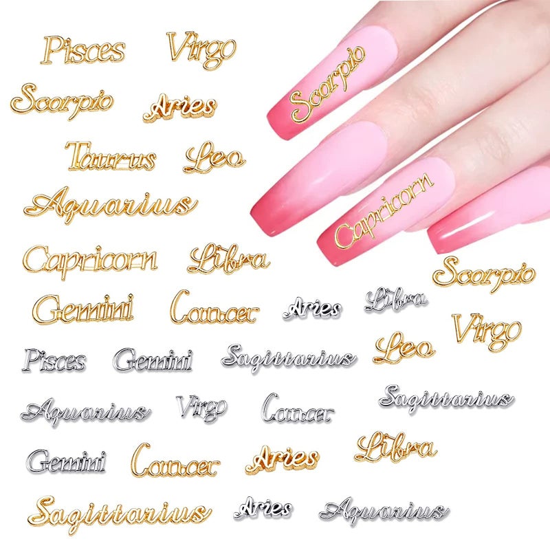 Lokyango Zodiac Nail Charms 3D Zodiac Nail Charms for Acrylic Nails Alloy Twelve Constellation Zodiac Virgo Leo Aries Taurus Gemini Capricorn Charms for DIY Nail Art A48pcs