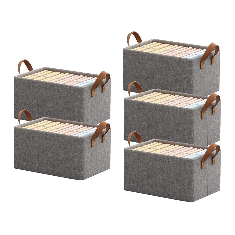 CLAPONE 5 Piece Set of Woven Fabric Wardrobe Organizer for ClothesFoldable Cupboard Storage BoxesRectangular Almirah Organizers for ShirtsPantsTShirtsJeansDressSweatersGrey - Image 1
