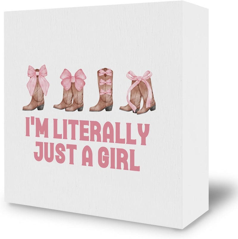 BCUANGD Coquette Room Desk Decor Decorations  Pink Bows Trendy Preppy Wooden Box Sign Cowgirl Boots Wood Block Plaque Box Sign for Teen Girly Girls Room Dorm Table Decoration 5x5 Inches - Image 1