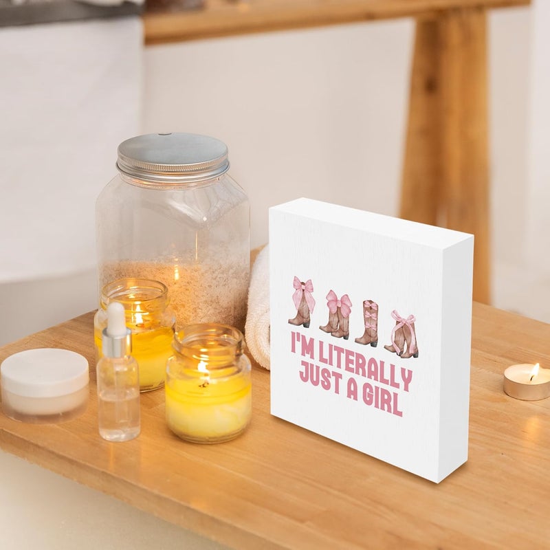 BCUANGD Coquette Room Desk Decor Decorations  Pink Bows Trendy Preppy Wooden Box Sign Cowgirl Boots Wood Block Plaque Box Sign for Teen Girly Girls Room Dorm Table Decoration 5x5 Inches - Image 2