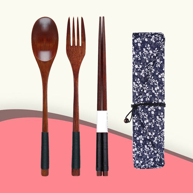 Fork Spoon Three-piece Suit Japanese Style Travel Portable Tableware Nice Dinnerware( Piece Set + Morning Glory Bag) - Image 2