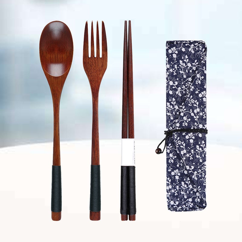 Fork Spoon Three-piece Suit Japanese Style Travel Portable Tableware Nice Dinnerware( Piece Set + Morning Glory Bag) - Image 3