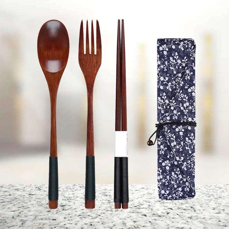 Fork Spoon Three-piece Suit Japanese Style Travel Portable Tableware Nice Dinnerware( Piece Set + Morning Glory Bag) - Image 5