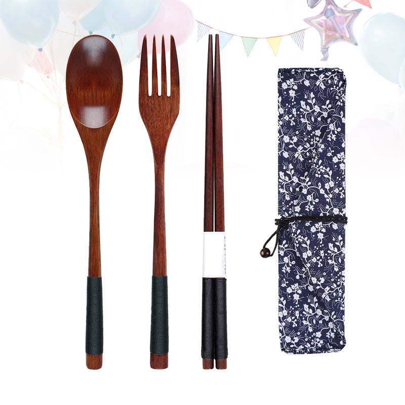 Fork Spoon Three-piece Suit Japanese Style Travel Portable Tableware Nice Dinnerware( Piece Set + Morning Glory Bag) - Image 1