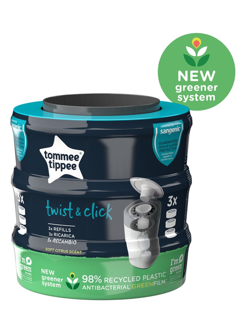 tommee tippee Twist And Click Advanced Nappy Bin Refill Cassettes, Sustainably Sourced Antibacterial Greenfilm, Pack Of 3 - Grey - Image 2