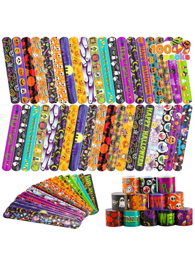 JOYIN 100 PCS Halloween Slap Bracelets for Kids, Halloween Bracelets Bulk for Girls Boys Gifts, Friendship Bracelets Snap Bracelets for Halloween Party Favors Goodie Bag Fillers - Image 1