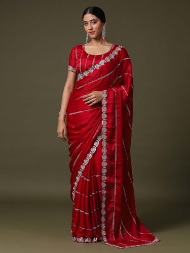 SAREE MALL Women's Red Satin Silk Embellished Saree With Unstitched Blouse Piece (ANIKA1701_AG) - Image 3