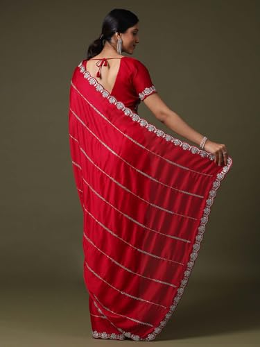 SAREE MALL Women's Red Satin Silk Embellished Saree With Unstitched Blouse Piece (ANIKA1701_AG) - Image 2