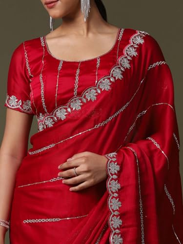SAREE MALL Women's Red Satin Silk Embellished Saree With Unstitched Blouse Piece (ANIKA1701_AG) - Image 5
