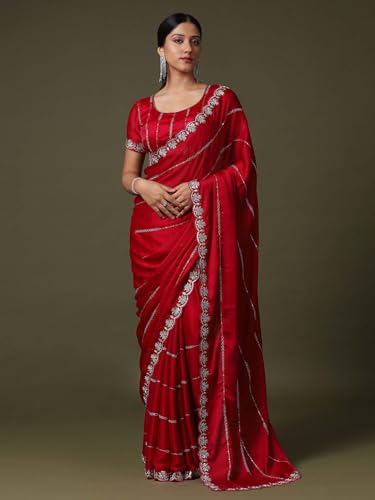 SAREE MALL Women's Red Satin Silk Embellished Saree With Unstitched Blouse Piece (ANIKA1701_AG) - Image 4