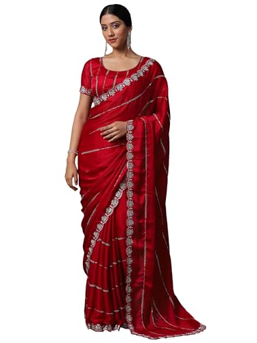 SAREE MALL Women's Red Satin Silk Embellished Saree With Unstitched Blouse Piece (ANIKA1701_AG) - Image 1
