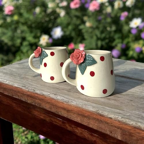 BACKKSPACE RETAIL Ceramic Coffee Tea Milk Mugs | Unique Handcrafted Ceramics | 320ml Capacity | Microwave & Dishwasher Safe (Pink Rose Handle Oval) - Image 1