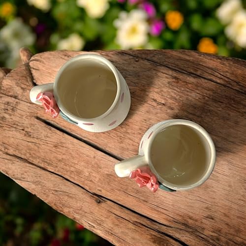 BACKKSPACE RETAIL Ceramic Coffee Tea Milk Mugs | Unique Handcrafted Ceramics | 320ml Capacity | Microwave & Dishwasher Safe (Pink Rose Handle Oval) - Image 5