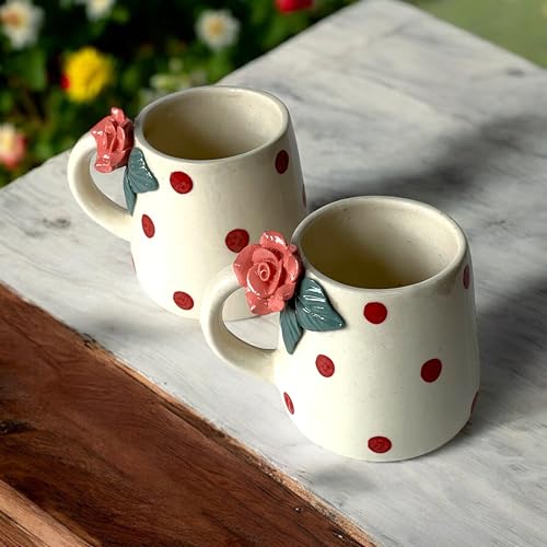 BACKKSPACE RETAIL Ceramic Coffee Tea Milk Mugs | Unique Handcrafted Ceramics | 320ml Capacity | Microwave & Dishwasher Safe (Pink Rose Handle Oval) - Image 2