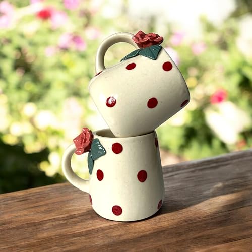 BACKKSPACE RETAIL Ceramic Coffee Tea Milk Mugs | Unique Handcrafted Ceramics | 320ml Capacity | Microwave & Dishwasher Safe (Pink Rose Handle Oval) - Image 4