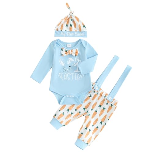 Frietlebird Baby Boy Easter Outfit Bunny Letter Long Sleeve Romper Suspender Pants Set My First Easter Baby Boy Outfit (B-Blue,6-12 Months) - Image 1
