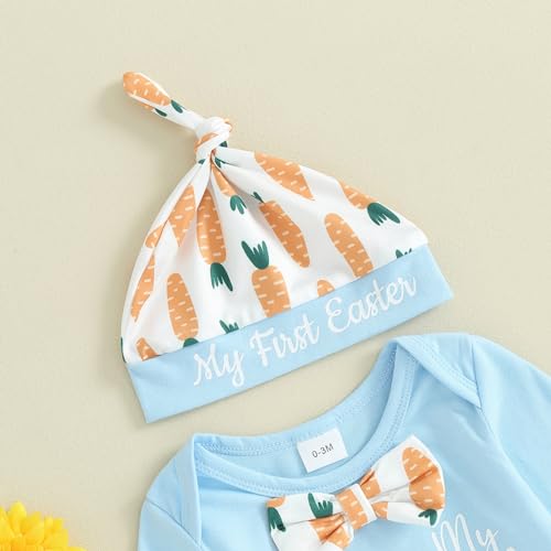 Frietlebird Baby Boy Easter Outfit Bunny Letter Long Sleeve Romper Suspender Pants Set My First Easter Baby Boy Outfit (B-Blue,6-12 Months) - Image 3