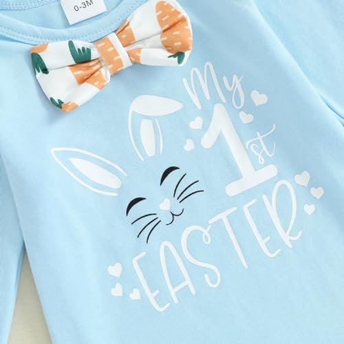 Frietlebird Baby Boy Easter Outfit Bunny Letter Long Sleeve Romper Suspender Pants Set My First Easter Baby Boy Outfit (B-Blue,6-12 Months) - Image 4