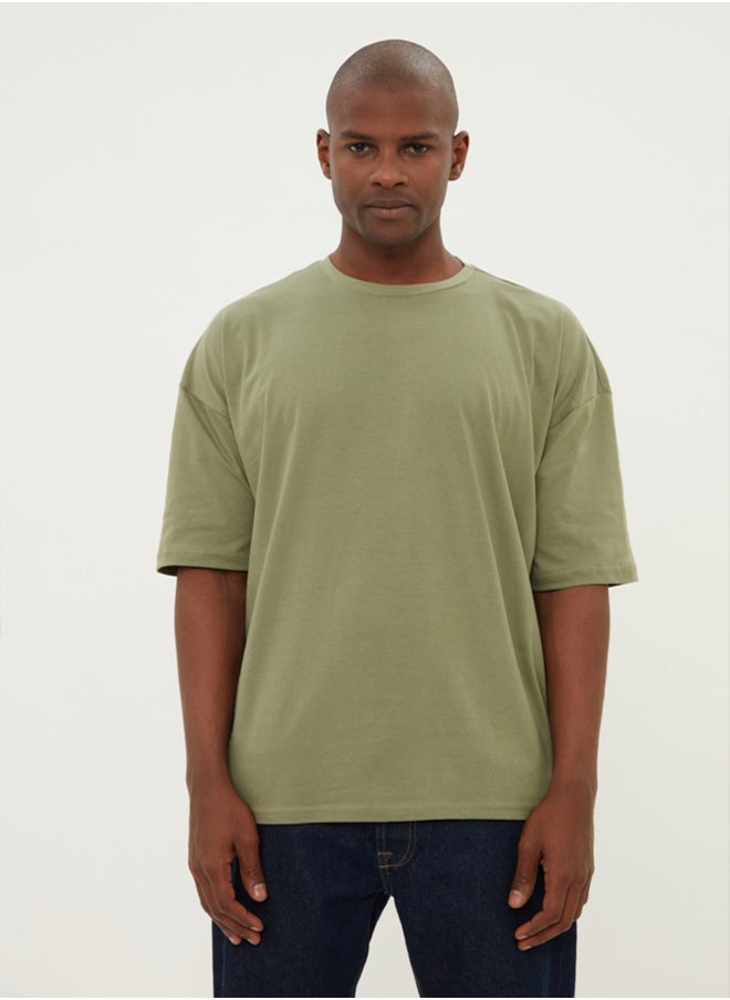 trendyol Khaki Oversize/Wide Cut 100% Cotton T-Shirt  - Image 2
