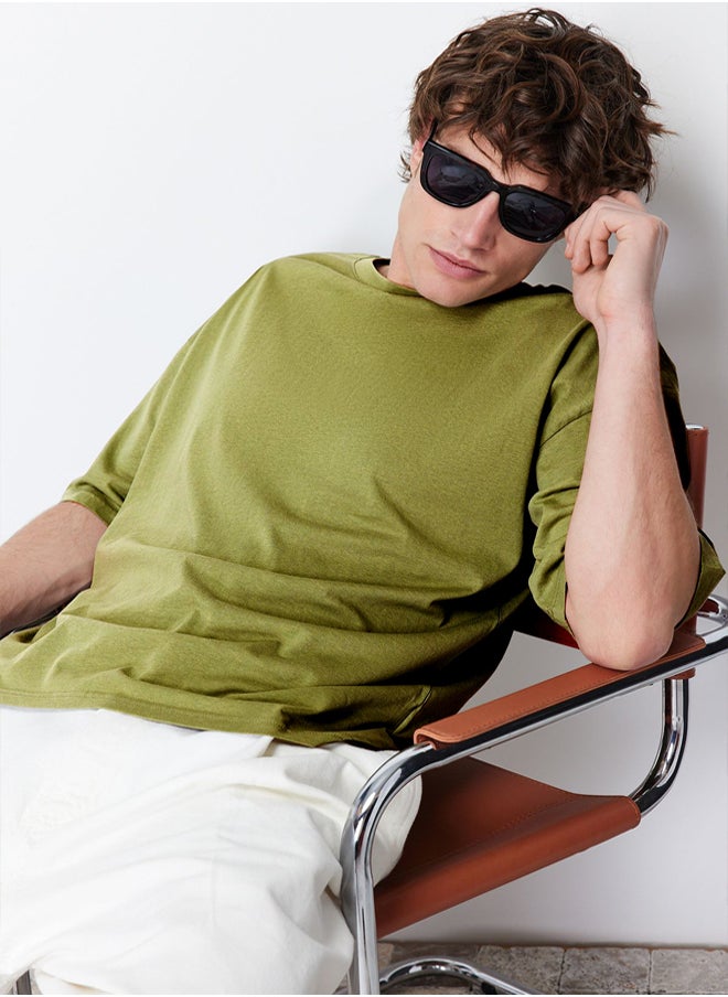 trendyol Khaki Oversize/Wide Cut 100% Cotton T-Shirt  - Image 4