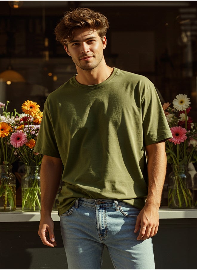 trendyol Khaki Oversize/Wide Cut 100% Cotton T-Shirt  - Image 1